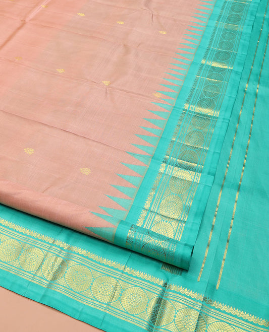 Pink Kanchipuram Silk Saree, Featuring Zari Buttas, Complemented by a Contrast One-Sided Thazampoo Rekku Border of Thilakam Mokku, Banaras, Muthu, and Chakram Designs, Pallu of Zari Designs, and Comes Without a Blouse
