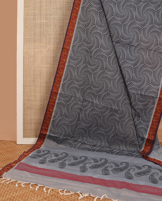 Light grey geometric design coimbatore cotton saree with contrast leaf design border & paisley design pallu