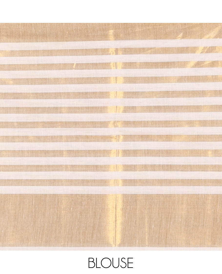 Cream Plain Kerala Cotton Saree, Highlighted by a Self-Border of Zari Stripes and Floral Print, a Matching Blouse