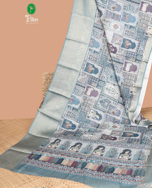 Blue all-over mughal motif digital printed kota checks cotton saree with contrast gold zari jacquard border & printed rich pallu along with contrast plain blouse