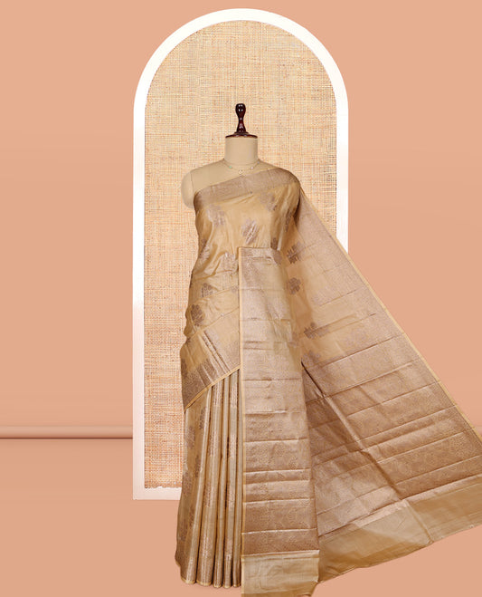 Sandal Tusser Silk Saree, Sparsely Threaded with Zari Buttas, a Zari Border, Grand Pallu, and a Matching Blouse