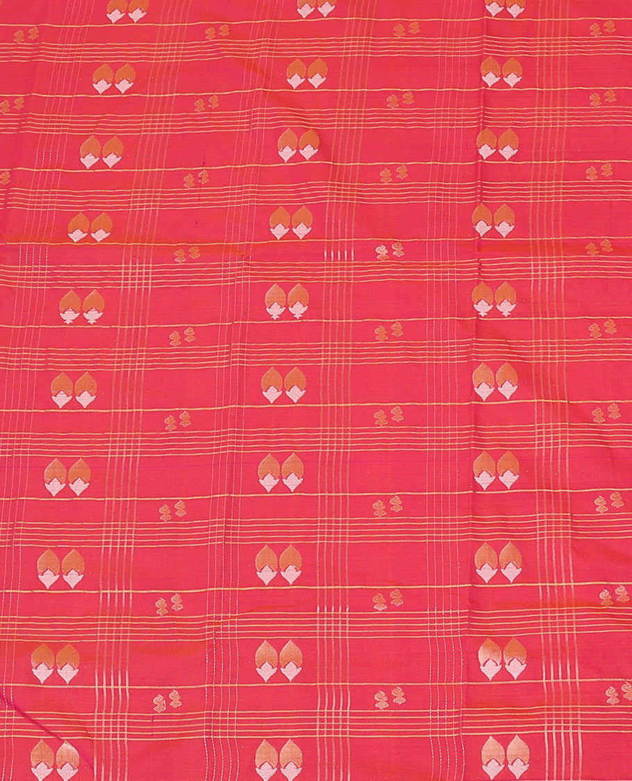 Pink Art Silk Pavadai Material Set, Artfully Detailed with Floral Bud Buttas and Zari Checks All Over Its Skirt, Highlighted with Traditional Zari Design Border, and Paired with a Matching Blouse
