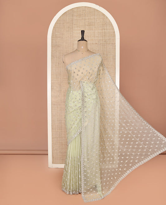 Pale Green Designer Saree, Prettified with Paisley Stone Work, Scallop Stone Work Border, a Self-Pallu, and a Matching Blouse
