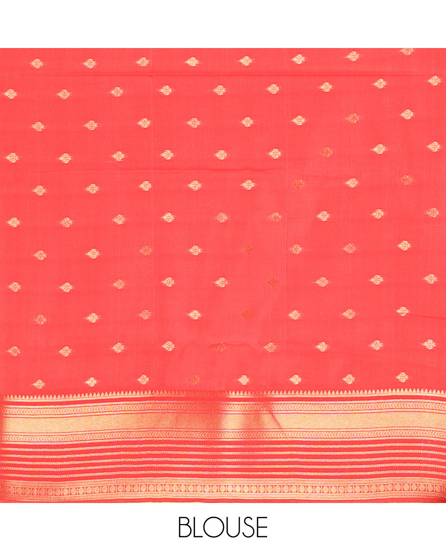 Yellow Litchi Saree, Crafted with Zari Buttas and Zari Checks, Complemented by a Contrast Elephant Border, Intricate Pallu, a Contrast Blouse