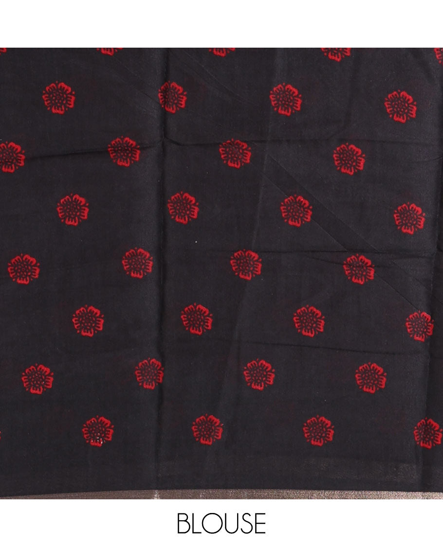 Red human figurines printed muslin cotton saree, contrast floral-peacock printed border of piping work, kalamkari printed pallu, and a contrast blouse of flower motifs print