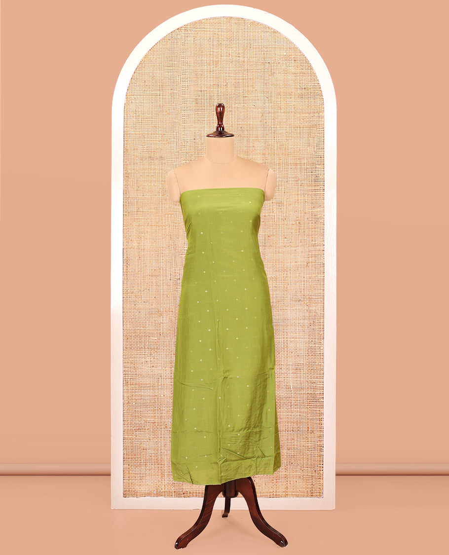 Parrot Green Mul Chanderi Material Chudidar Set, Subtly Sparkled with Buttas Top, a Matching Bottom, and a Circle Motif Woven Dupatta