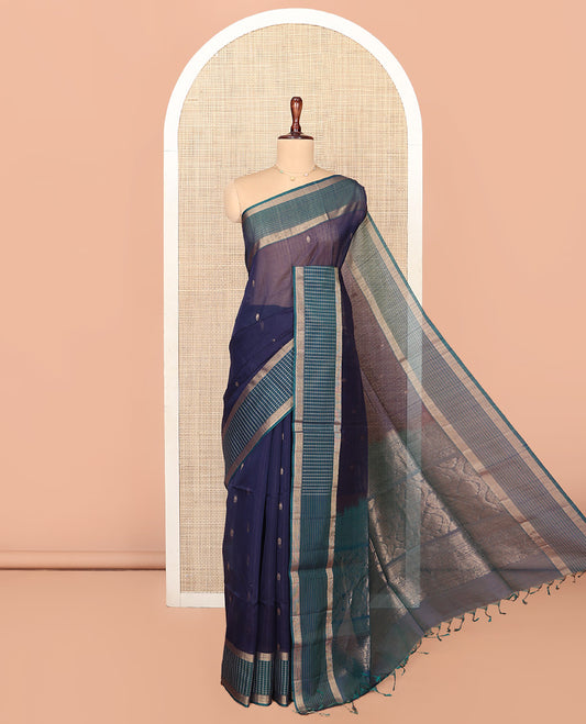 Blue Silk Cotton Saree, Subtly Sparkled With Zari Buttas All Over Its Body, Complemented by Contrast Zari Checked Border, Intricately Designed Pallu and Paired with a Contrast Blouse
