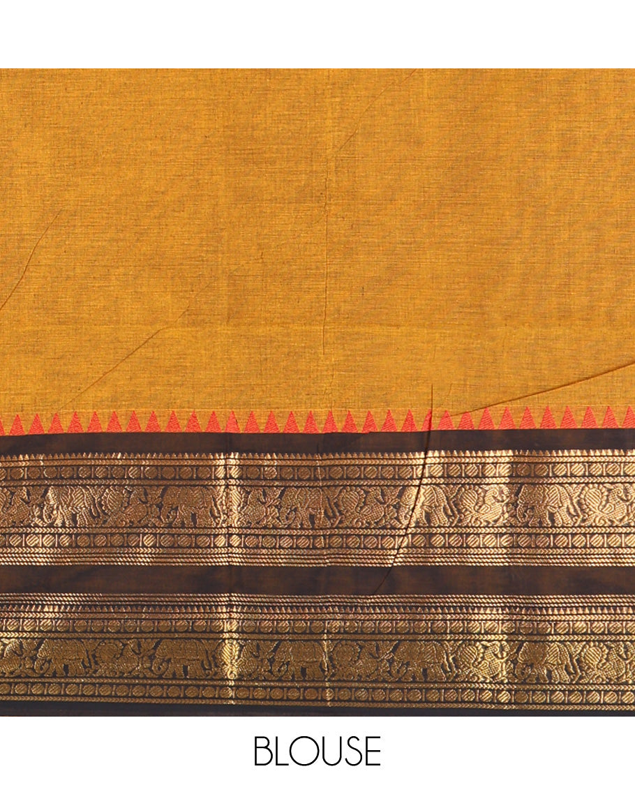 Mustard Plain Chettinad Cotton Saree, Complemented by a Contrast Rettai Pettu Red-Thread-Temple Border of Coin, Elephant, and Peacock Designs, Subtly Striped Pallu, and Paired with a Matching Blouse