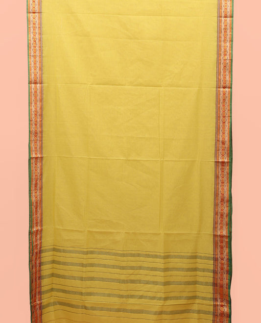Yellow Plain Nine-Yard Cotton Saree, Complemented by a Contrast Traditional Design Border, Striped Pallu, and Comes Without a Blouse