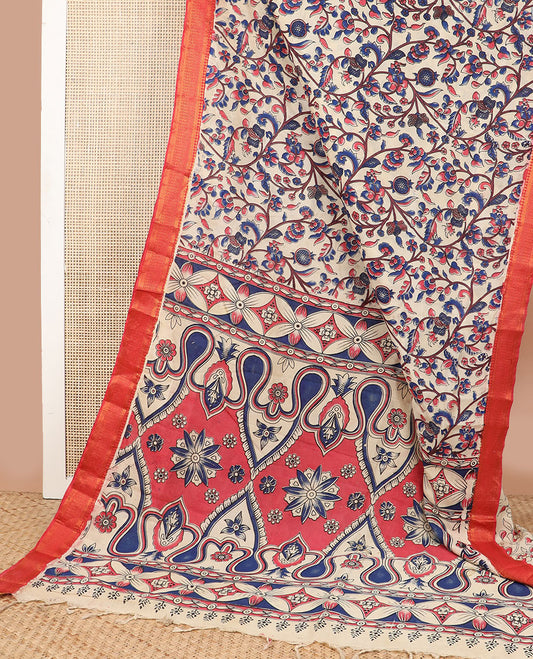 Cream floral design machine printed kalamkari cotton saree with contrast zari border & floral design pallu