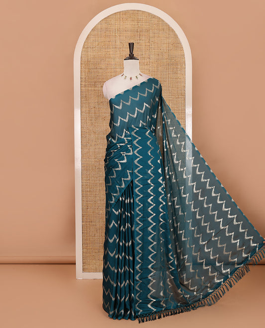 Borderless peacock green zig-zag stripes foil printed rangoli saree, running blouse