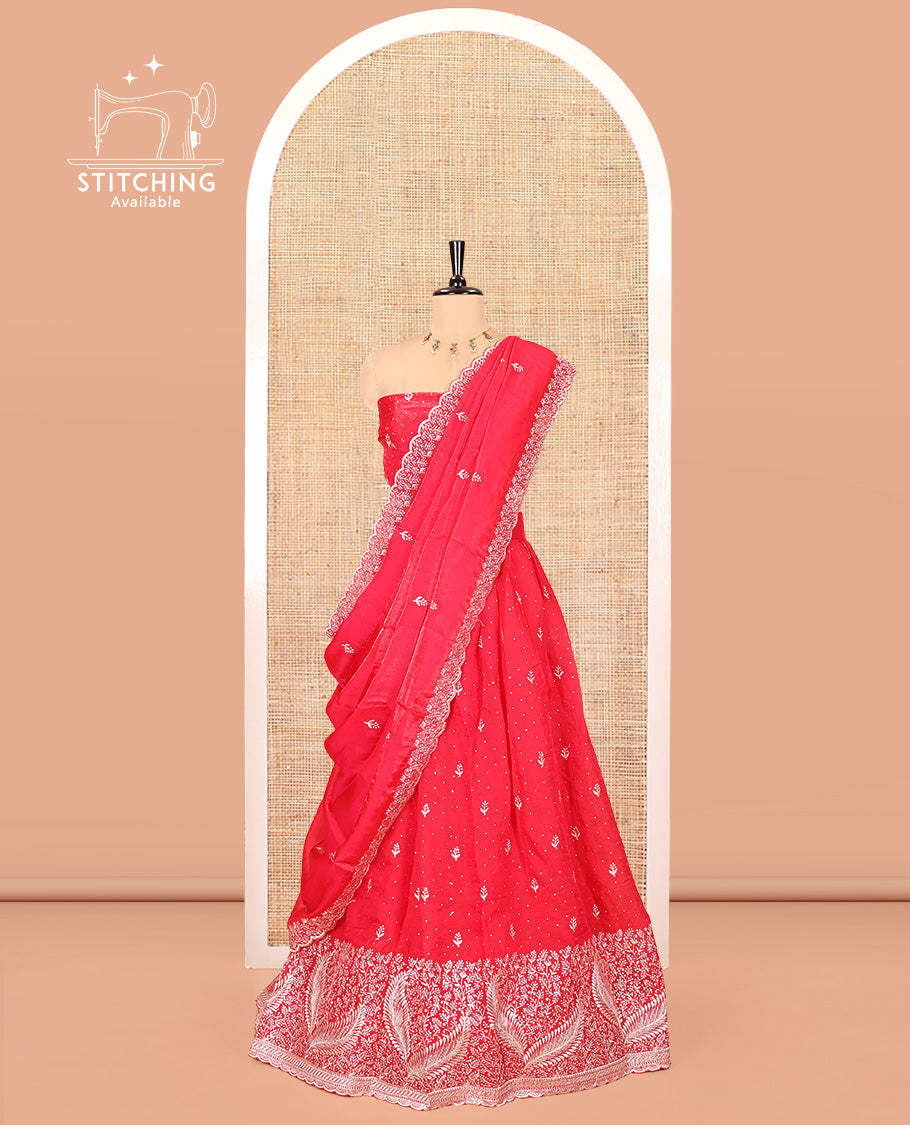 Red Fendi Organza Half-Saree, with Embroidered Buttas on Its Skirt, Embroidered Scallop Border, Paired with a Matching Blouse, and an Embroidered Fendi Organza Scallop Dhavani