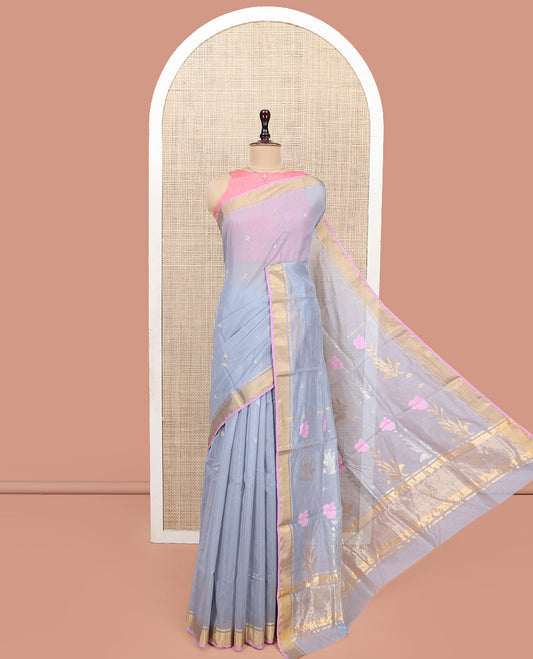 Grey Chanderi Cotton Saree, Decorated with Zari Buttas All Over Its Body, Highlighted by a Zari Border, Pallu  of Zari Stripes and Floral Buttas, and Paired with a Matching Blouse