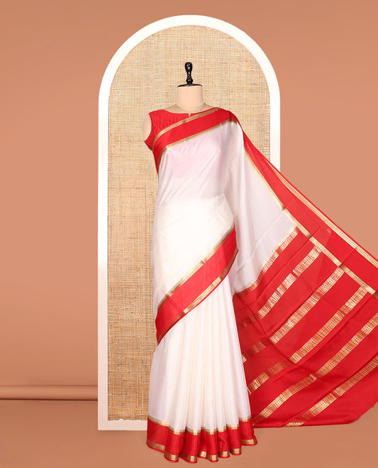 White Plain Mysore Silk Saree, Complemented by a Contrast Traditional Zari Border, Zari Design Pallu, and a Contrast Blouse