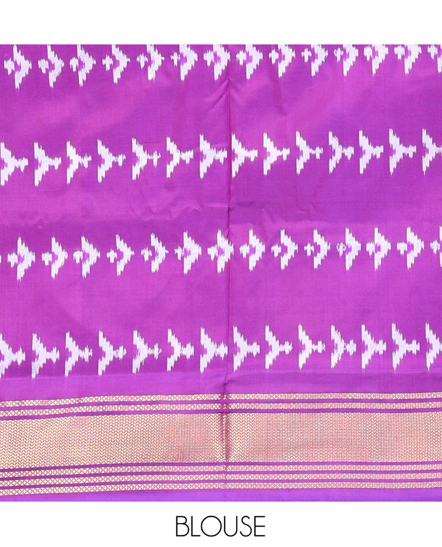 Pink Pochampally Ikat Saree, Crafted with Cranes Motifs, Contrast Traditional Zari Border, Jaal Pallu, and a Contrast Blouse