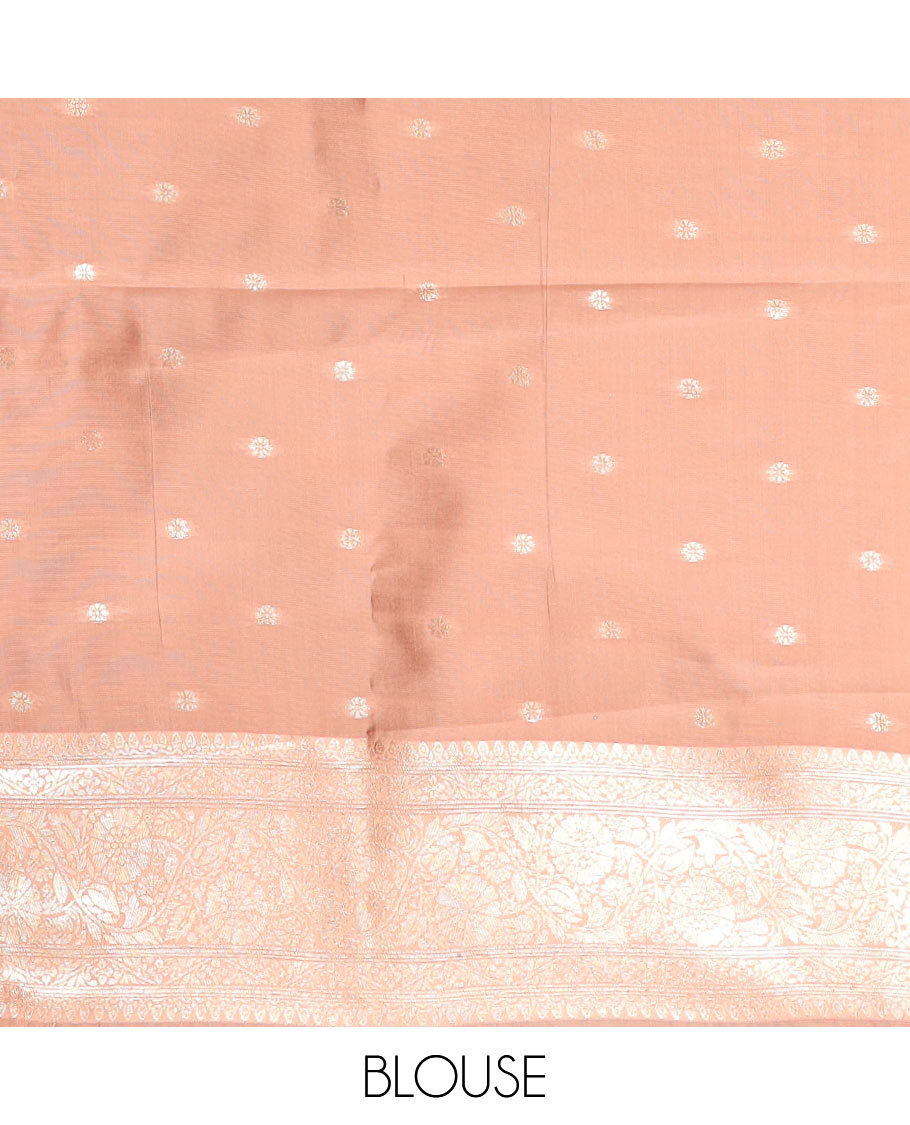 Coffee Brown and Peach Litchi Saree Embellished with Zari Polka Dot Enclosed Zari Checks, Complemented by a Contrast Border of Floral Creeper Designs, Mughal-Style Intricately Decked Up Pallu, and Paired with a Contrast Blouse