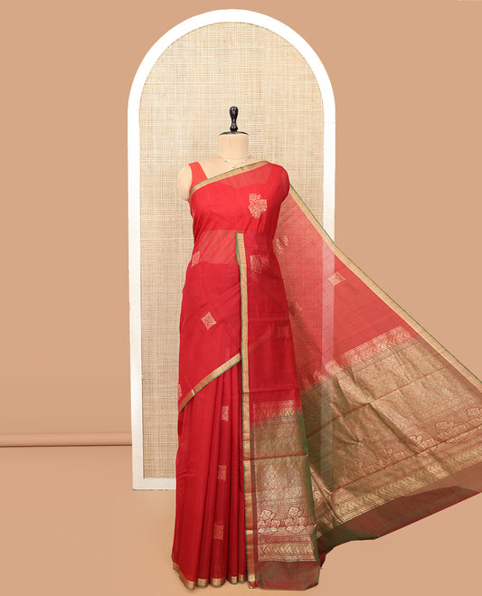 Red Silk Cotton Saree, Enriched with Zari Buttas, a Contrast Zari Piping Border, Intricate Pallu, and a Contrast Blouse