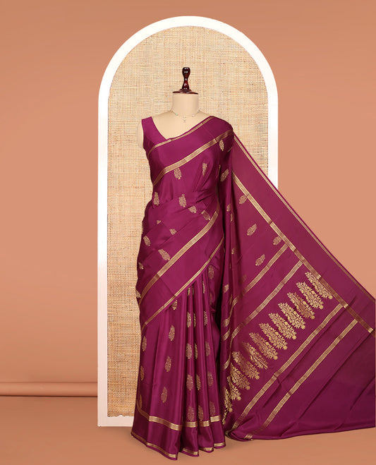 Magenta Mysore Silk Saree Features Paisley Butta, Complemented by Double-pet Zari Border, an Intricate Floral Pallu, and a Matching Blouse