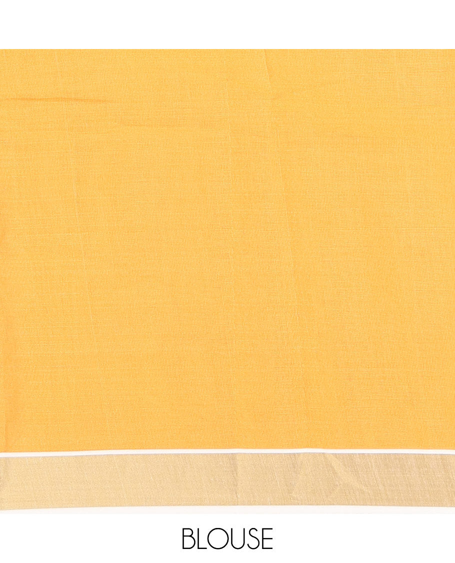 Cream Kerala Cotton Saree, Beautified with Hibiscus Motifs, a Zari Border, Hibiscus Pallu, and a Contrast Blouse
