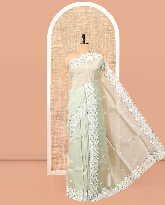 Green Organza Saree, Delicately Woven with Thread Buttas, Scallop Floral Embroidery Border, and Matching Blouse
