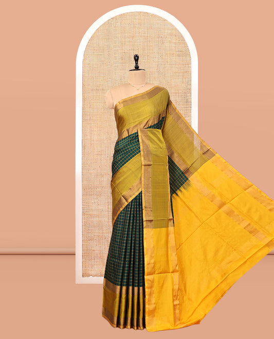 Green Checked Uppada Silk Saree, Complemented by Contrast Zari Border, Zari Woven Pallu, and a Contrast Blouse