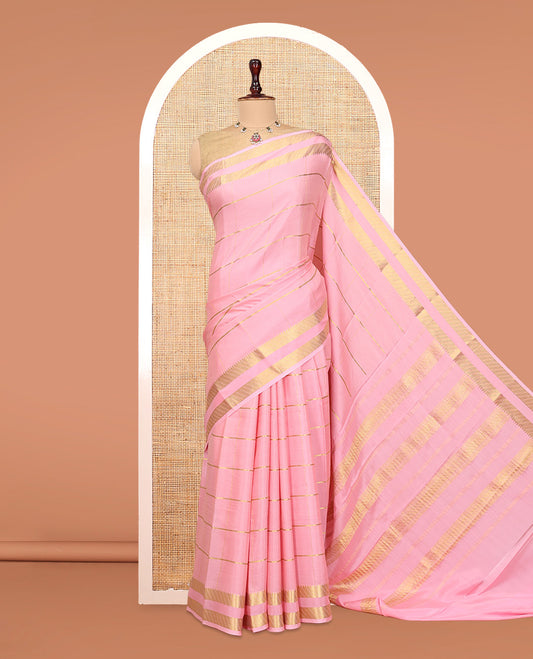 Pink Mysore Silk Saree, Highlighted with Zari Stripes, Complemented by a Traditional Zari Woven Border, a Self-Pallu, and a Matching Blouse