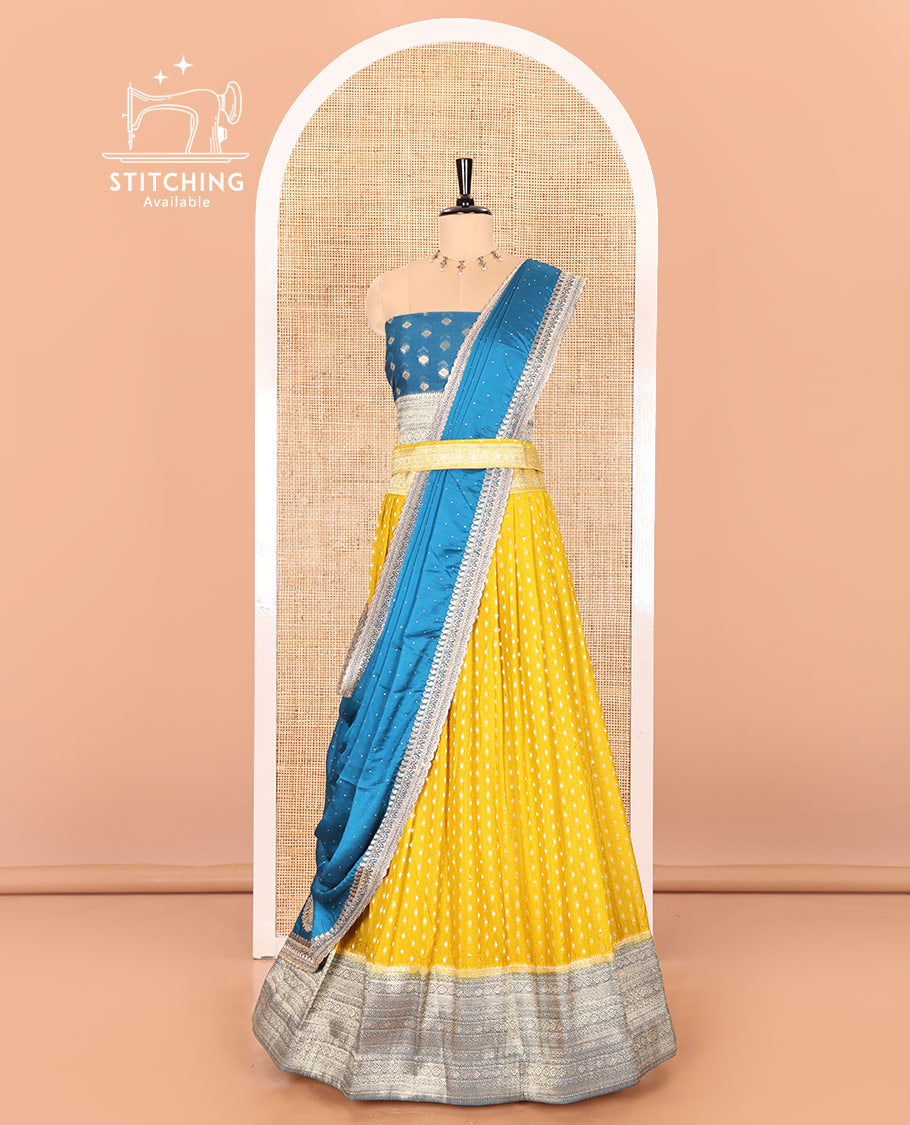 Mustard Buttas Embroidered Half-Saree with Contrast Traditional Motifs, Embroidered Viscose Georgette Border, Contrast Blouse, Intricately Embroidered Syska Georgette Dhavani, and a Embroidered Belt