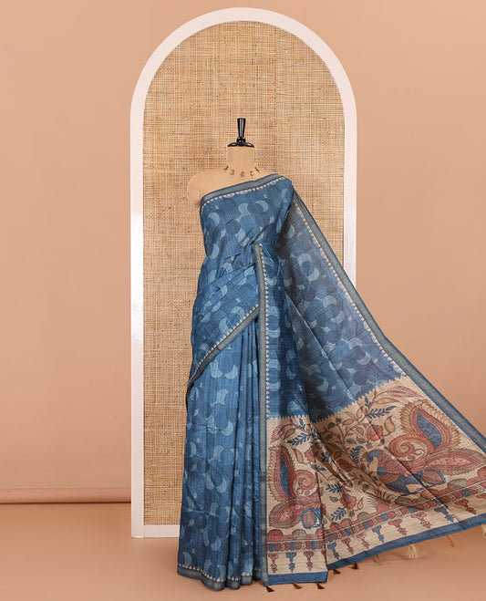 Blue circle abstract printed fancy tussar saree, tissue border, pallu of kalamkari peacock print, and kalamkari floral printed blouse