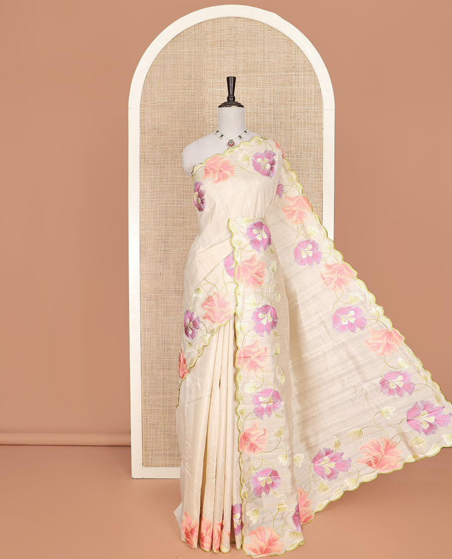 Off-White Semi-Tussar Saree, Accentuated with Floral Motifs Print, Scallop Border Features Floral Prints, Self-Pallu, and Paired with a Matching Blouse