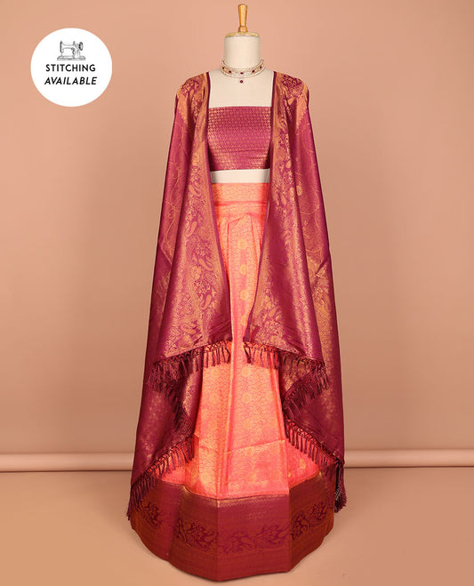 Red floral jacquard banaras half saree with contrast intricate zari design border, zari design blouse & floral zari design dhavani