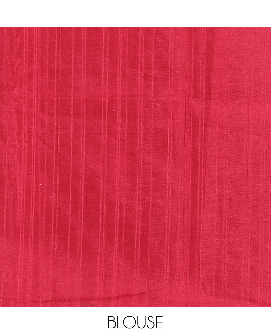 Pink Semi-Raw Silk Saree Features Buttas and Micro-Checks, Contrast Peacock-Elephant Border, Contrast Blouse