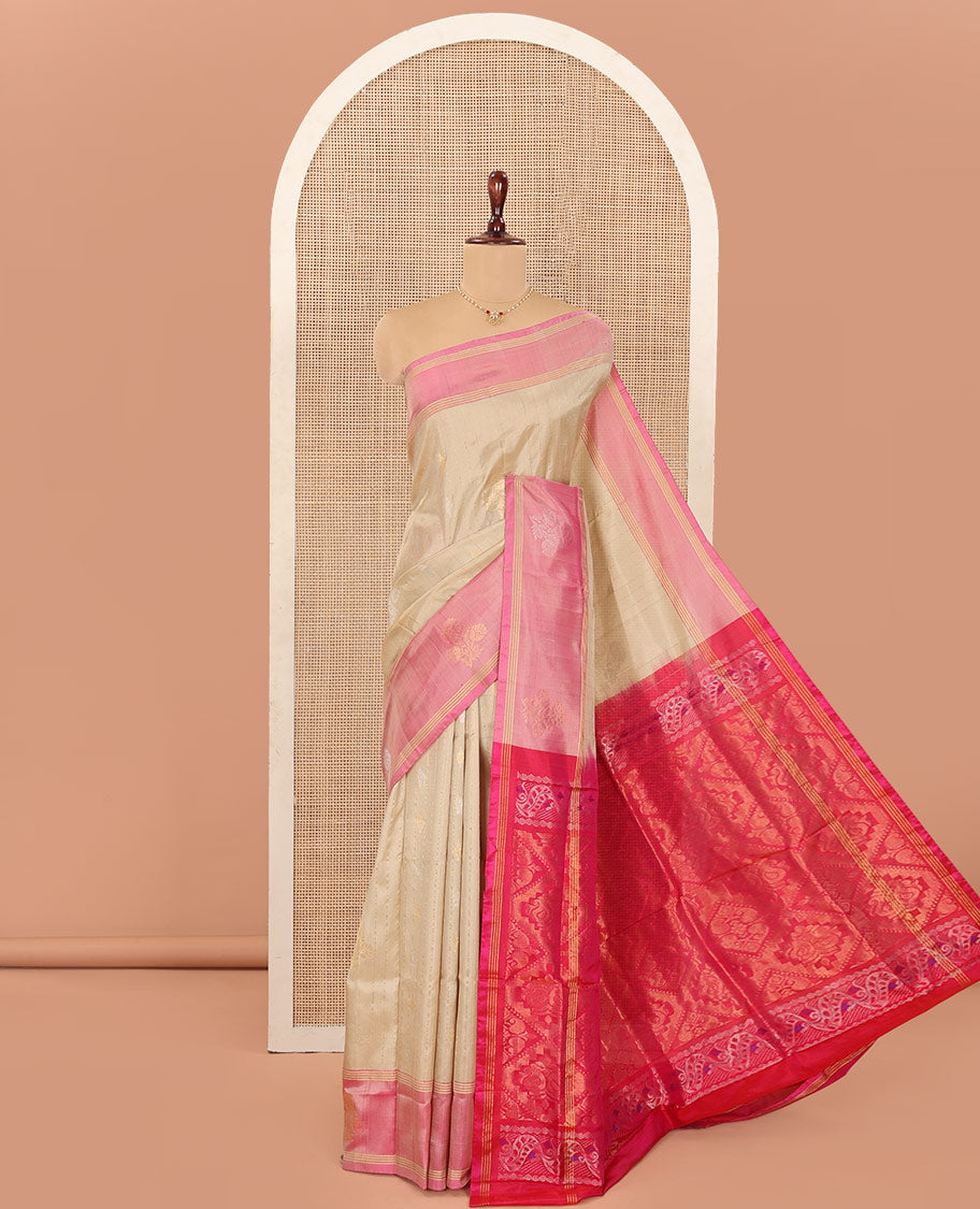 Sandal Uppada Silk Saree Featuring Zari Stripes and Buttas, Complemented by Contrast Sparsely Woven  Border of Zari Floral Motifs, Contrast Pallu Decked Up with Jaal Designs, and Paired with a Contrast Blouse