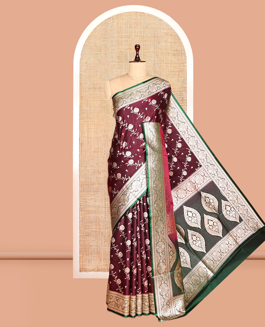 Purple Semi-Banarasi Saree, Decorated with Zari Buttas, a Contrast Intricate Border, Rich Pallu, Contrast Blouse