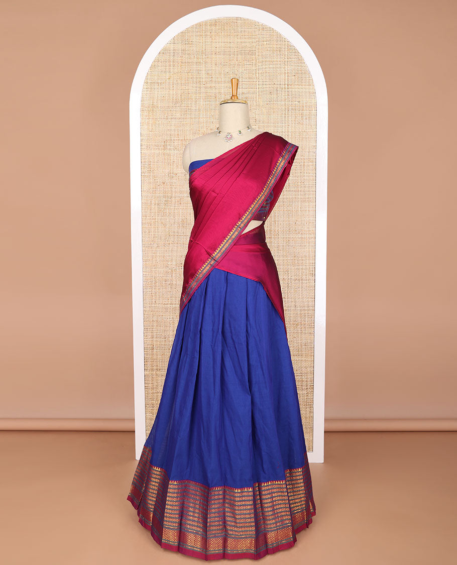 Blue cotton half saree with temple, paun design border & zari design blouse & zari design border dhavani