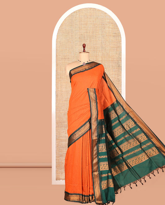Orange Kalyani Cotton Saree, Crafted with Buttas, a Contrast Traditional Zari Border, Grand Pallu, and a Contrast Blouse