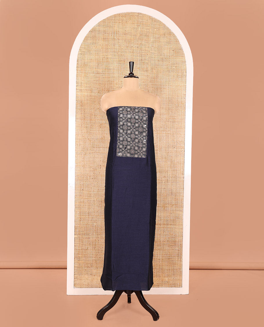 Navy Blue Material Chudidhar Set, Detailed with Ajrakh Patch Work and Mirror Work Vichitra Silk Top, Plain Santoon Bottom, and Chinon Silk Dupatta Featuring Intricate Ajrakh Prints