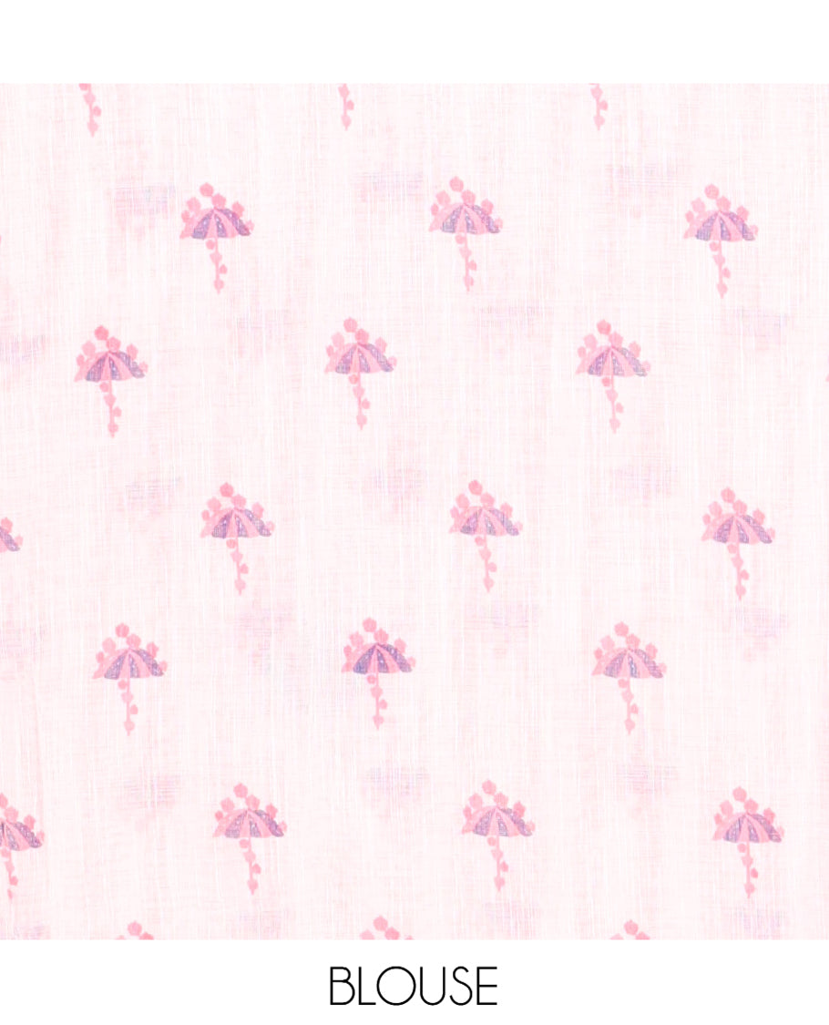 Borderless White-Pink Linen Cotton Saree, Beautified with Vertical Stripes, an Umbrella Print, and a Matching Blouse