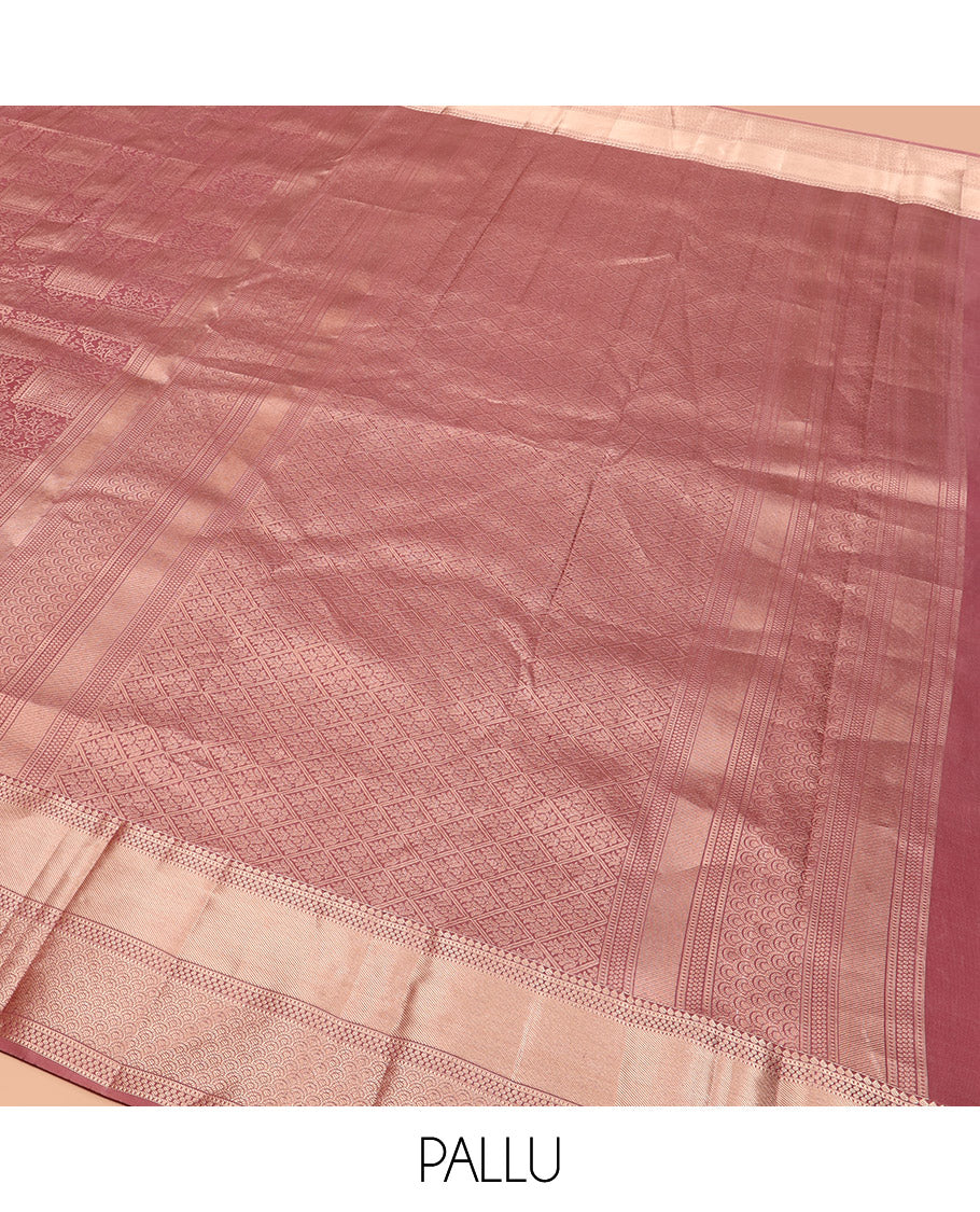 Rosewood Pink Kanchipuram Wedding Silk Saree Elegantly Adorned with Jacquard Designs, Highlighted with Zari Border of Thilakam, Muthu, and Scallop Designs, Majestically Detailed Pallu, and Paired with a Matching Blouse