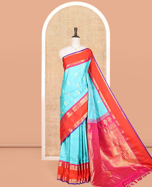 Blue Gadwal Silk Saree, Gracefully Embellished with Paisley Buttas, Complemented by a Contrast Traditional Zari Double-Pet Border, Grand Pallu, and a Contrast Blouse