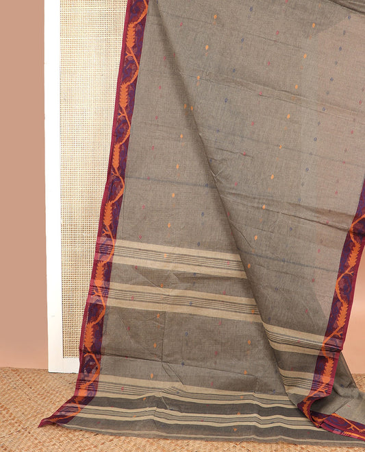 Dark grey floral motifs bengal cotton saree with contrast floral design border & striped, floral design pallu