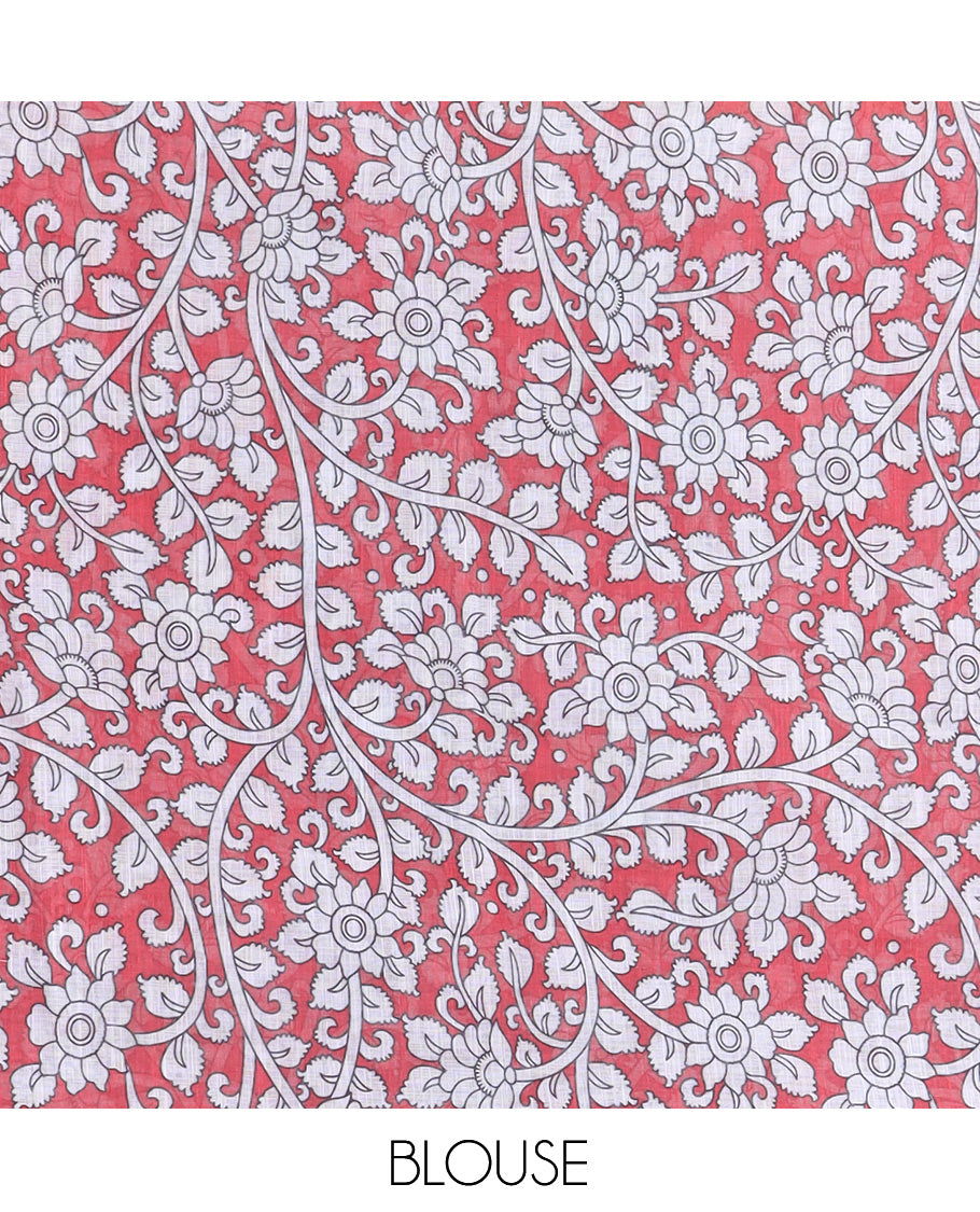Grey Linen Cotton Saree Features Kalamkari Human Figurines, a Piping Border, Kalamkari Pallu, Contrast Blouse