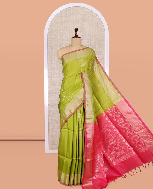 Green Uppada Saree, Elevated with Floral Zari Buttas, a Bavanji Border, Grand Jaal Pallu, and a Contrast Blouse