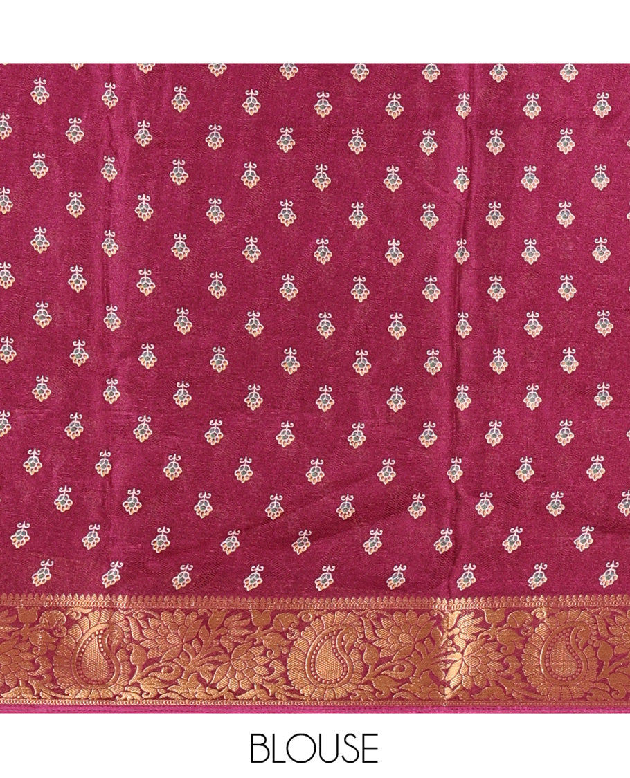 Purple Embossed Moss Chiffon Saree, a Zari Floral-Paisley Vine Border, Contrast Mughal-Style Pallu, and a Matching Blouse