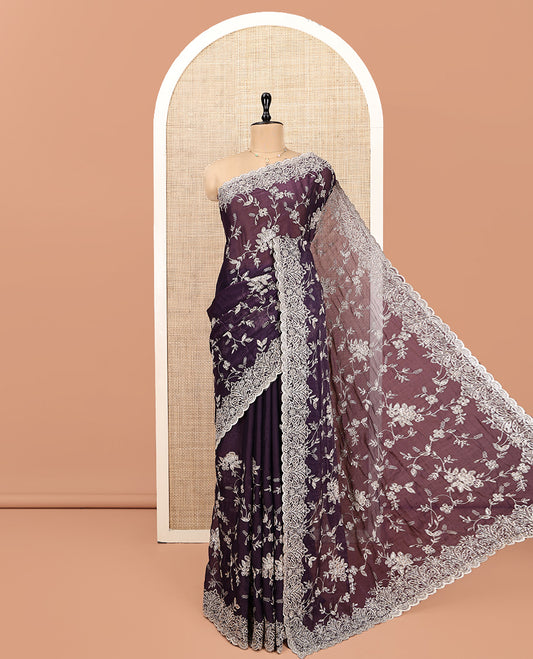 Purple Designer Saree, Finely Crafted with Floral Vine Embroidery, Scallop-Embroidered Border, and Matching Embroidered Blouse