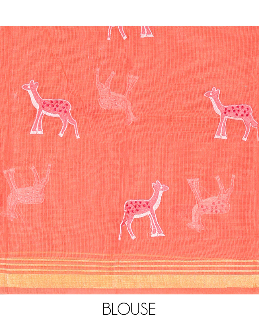 White Kota Doria Saree, Delicately Woven with Floral and Deer Embroidery, a Scallop Border, and a Contrast Deer Embroidery Blouse