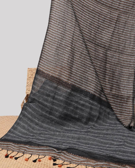 Bordeless black striped linencotton saree with striped pallu