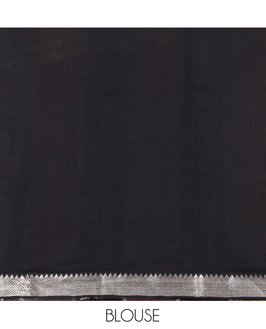 Black Mangalgiri Cotton Saree, Gleamed Up with Stripes on Its Body, Highlighted by Zari Temple Border, Zari-Striped Pallu, and Paired with a Contrast Blouse