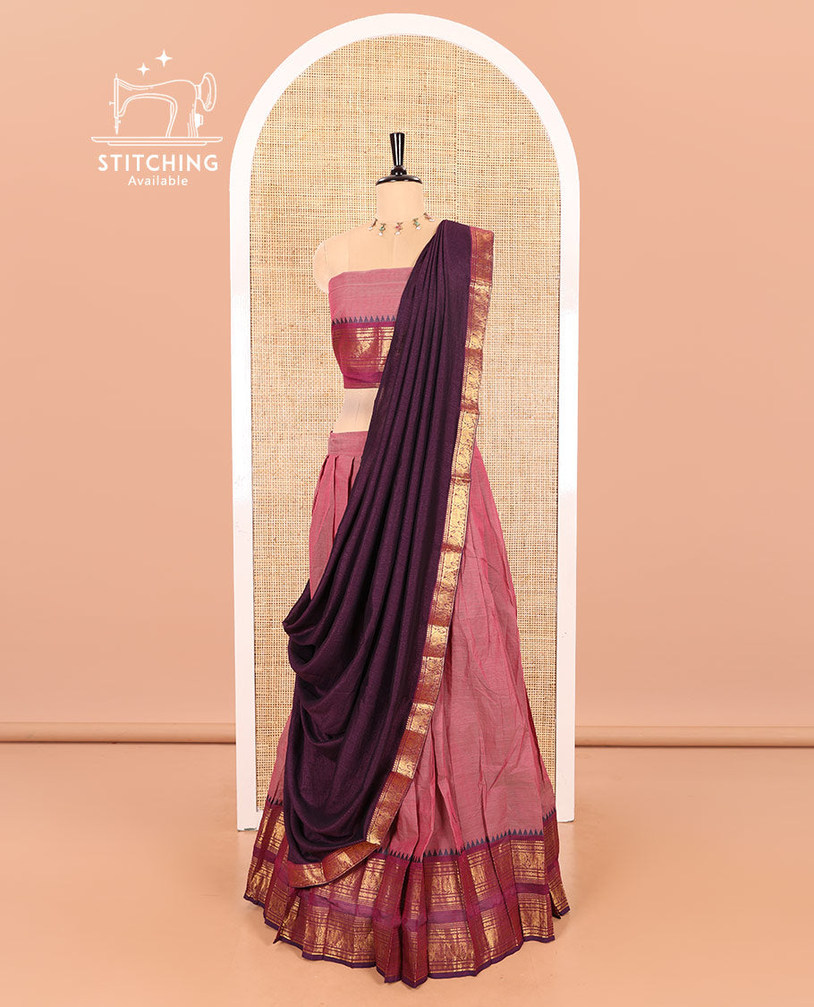 Onion Pink-Magenta Chettinad Cotton Half-Saree Featuring a Plain Skirt, Highlighted with a Contrast Peacock-Elephant Motifs Woven Rettai Pettu Zari Border, a Subtly Woven Matching Blouse, and a Vichitra Silk Contrast Traditional Zari-Bordered Dhavani
