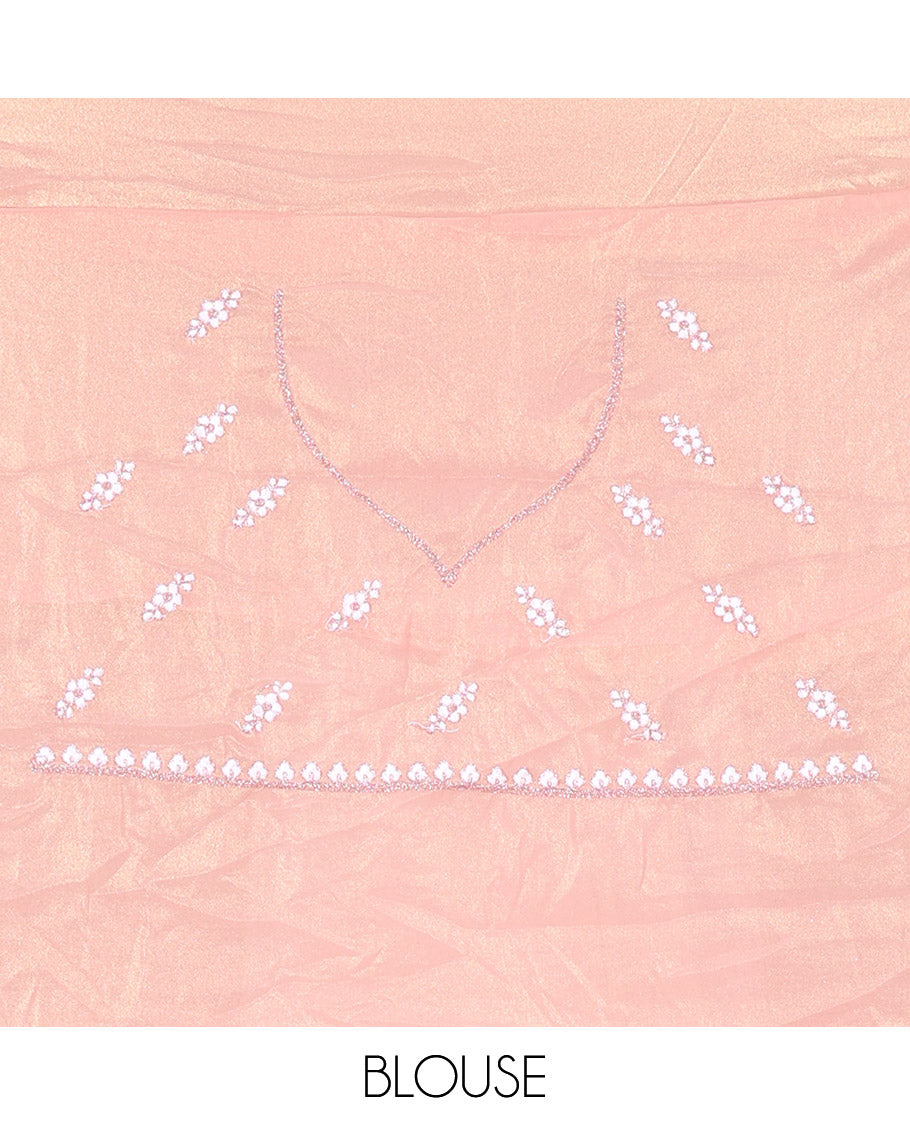 Onion Pink Shimmer Chiffon Saree, Artfully Detailed with Floral Embroidery on Its Body, Scallop Floral Embroidery Border, a Self-Pallu, and Paired with a Matching Embroidered Blouse
