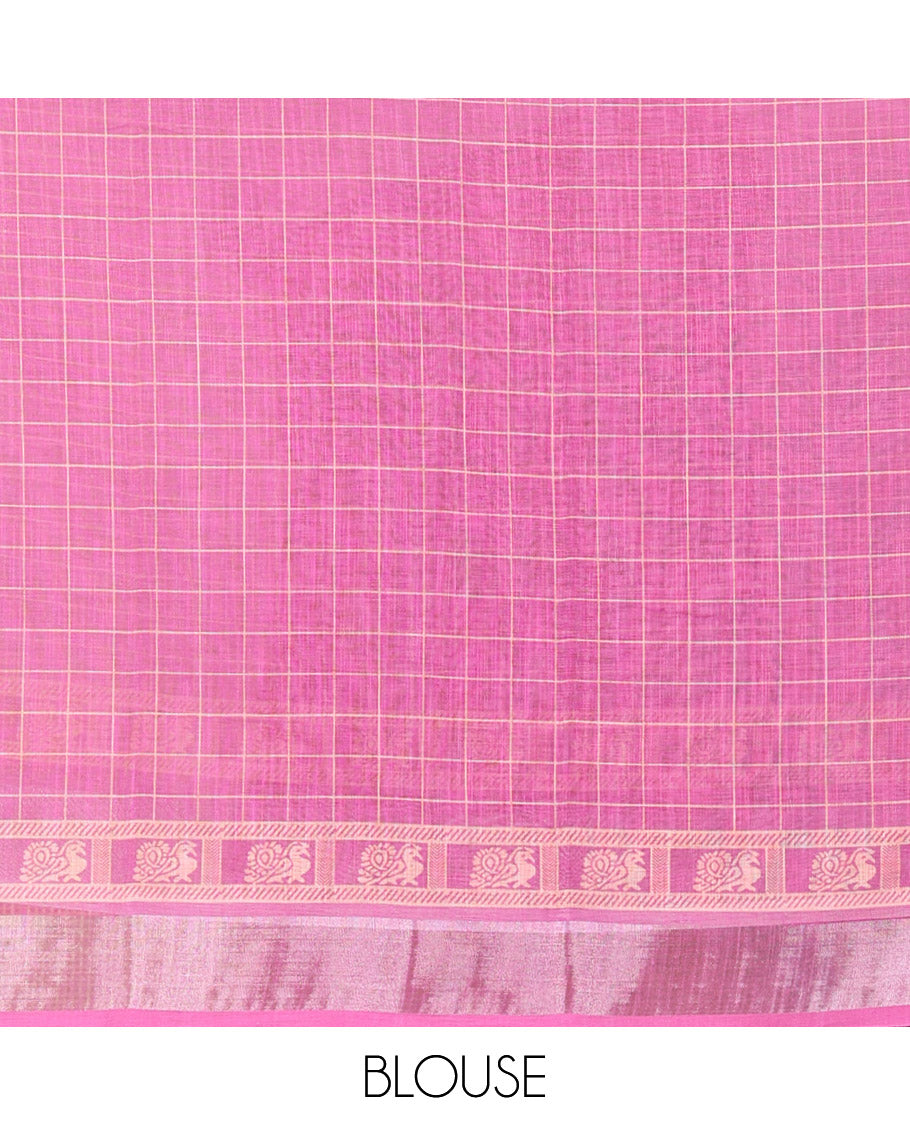 White and Pink Linen Cotton Saree Featuring Field Maple Leaf Motifs Printed All Over the Body, Complemented by a Contrast Zari and Peacock-Printed Border, Pallu of Geometric Print, and Paired with a Contrast Checked Blouse